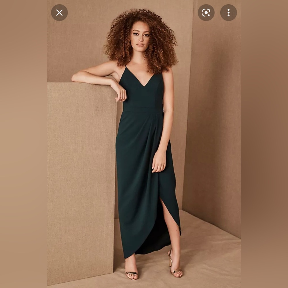 Bhldn size 2 “Caron” dark emerald midi crepe wrap v neck dress bridesmaid party